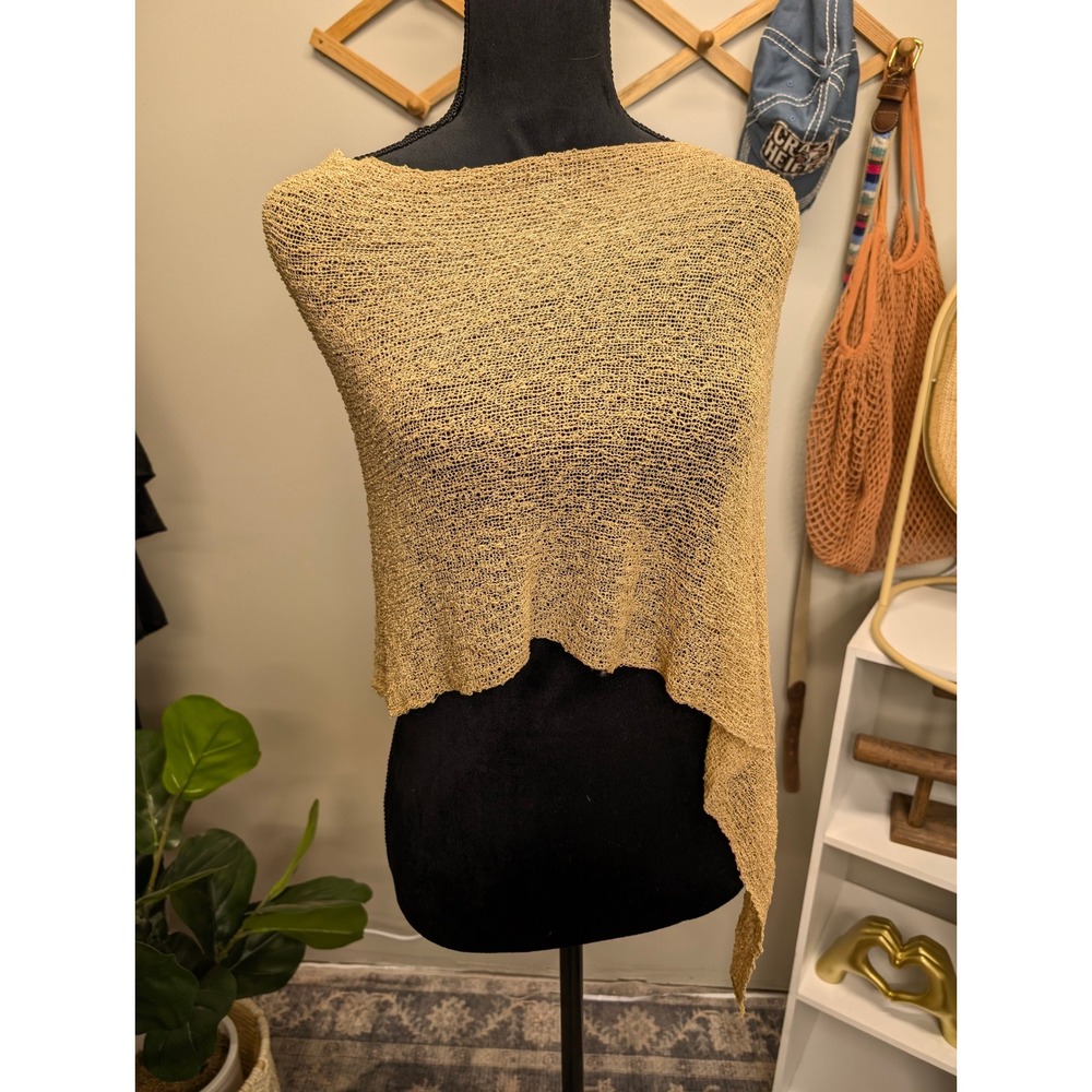 Gold Open Weave Knit Asymmetrical Poncho Wrap Shimmer Sheer Layering One Size